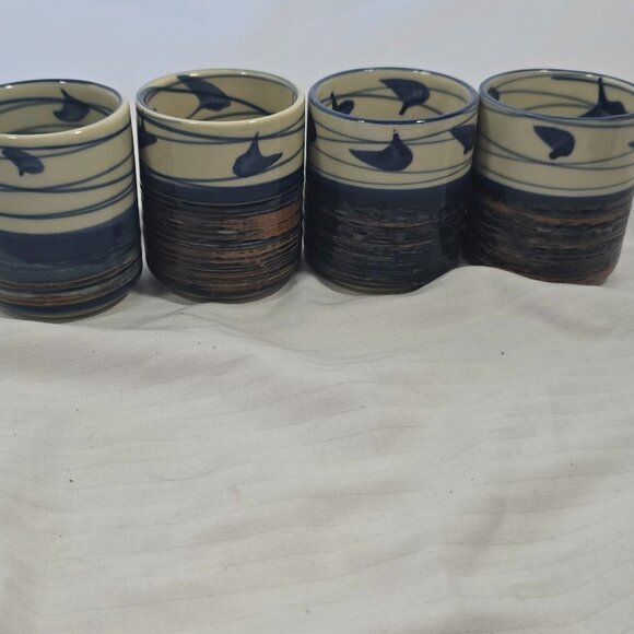 Other - Japanese Yunomi Tea Cups Set‎ 4 Blue Cream Brown Good Hand Painted 3in